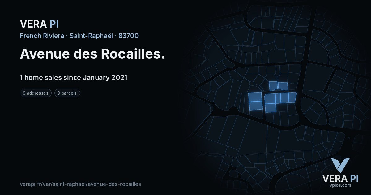 Avenue des Rocailles, Saint-Raphaël at night – every parcel coloured by the prices around it, the street's own parcels lit