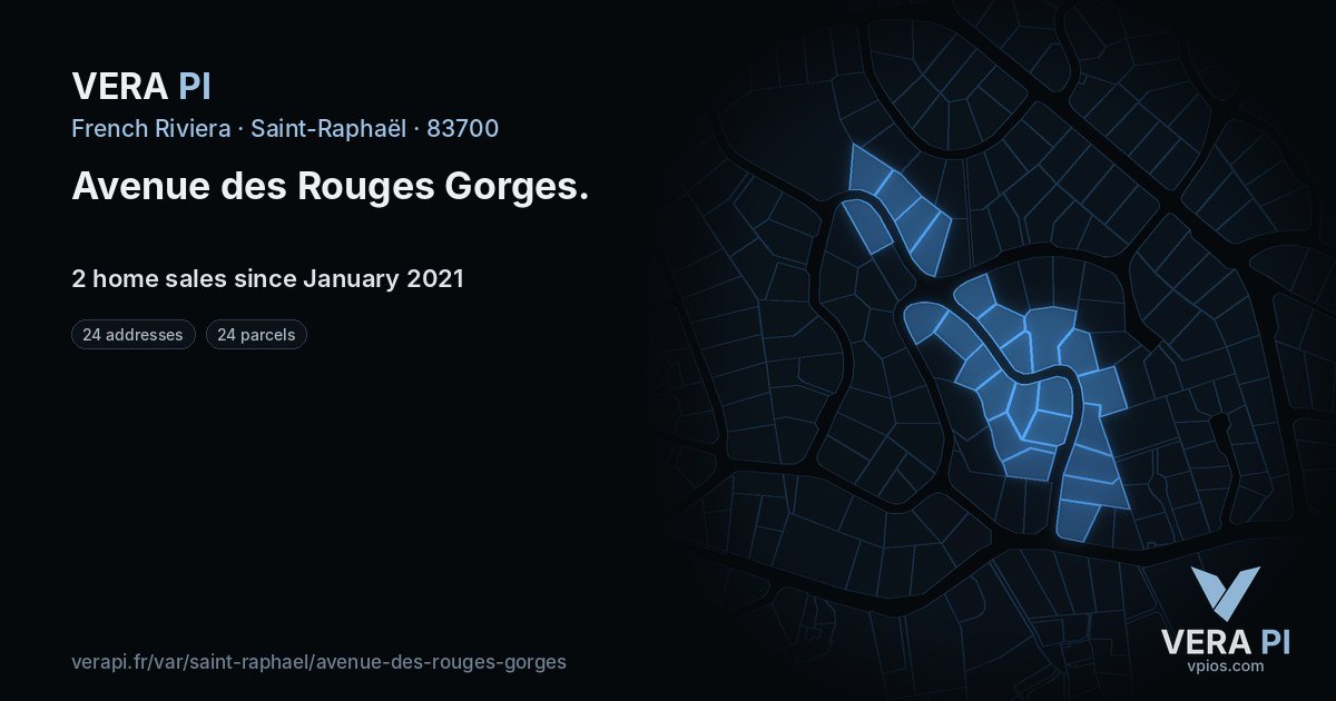 Avenue des Rouges Gorges, Saint-Raphaël at night – every parcel coloured by the prices around it, the street's own parcels lit