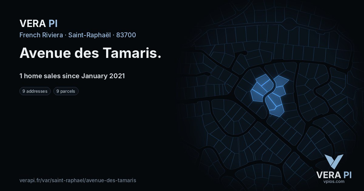 Avenue des Tamaris, Saint-Raphaël at night – every parcel coloured by the prices around it, the street's own parcels lit