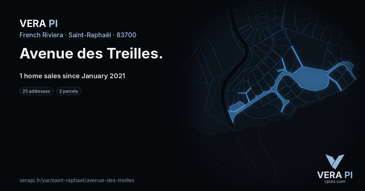 Avenue des Treilles, Saint-Raphaël at night – every parcel coloured by the prices around it, the street's own parcels lit