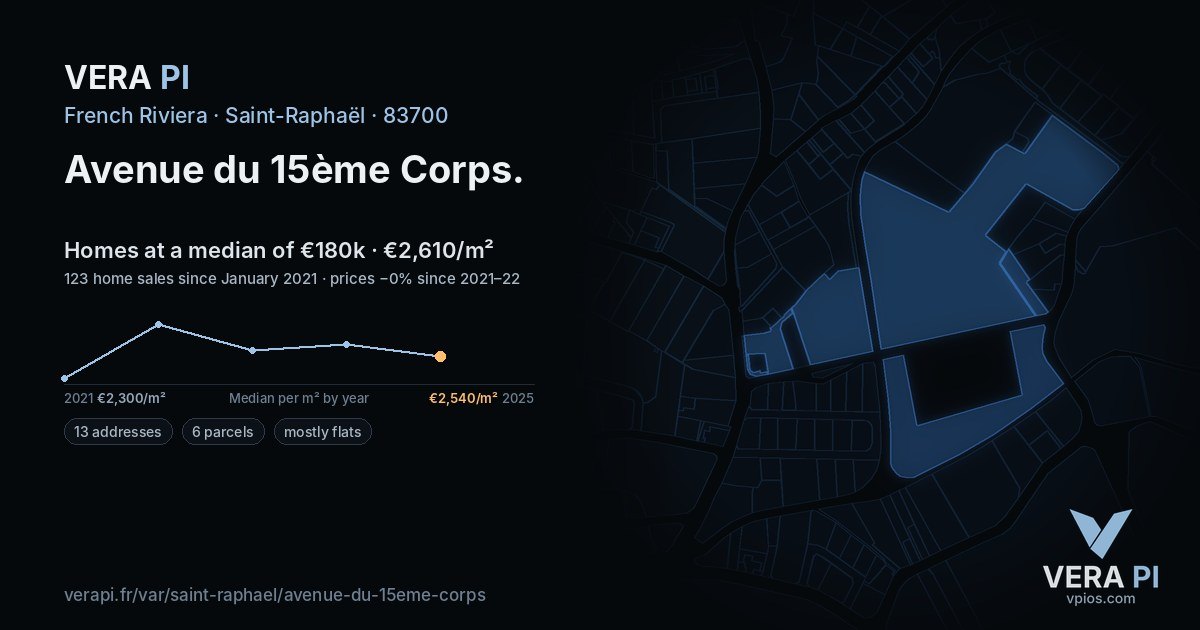 Avenue du 15ème Corps, Saint-Raphaël at night – every parcel coloured by the prices around it, the street's own parcels lit