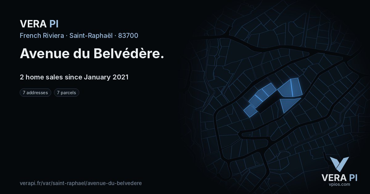 Avenue du Belvédère, Saint-Raphaël at night – every parcel coloured by the prices around it, the street's own parcels lit