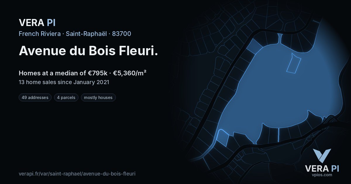 Avenue du Bois Fleuri, Saint-Raphaël at night – every parcel coloured by the prices around it, the street's own parcels lit