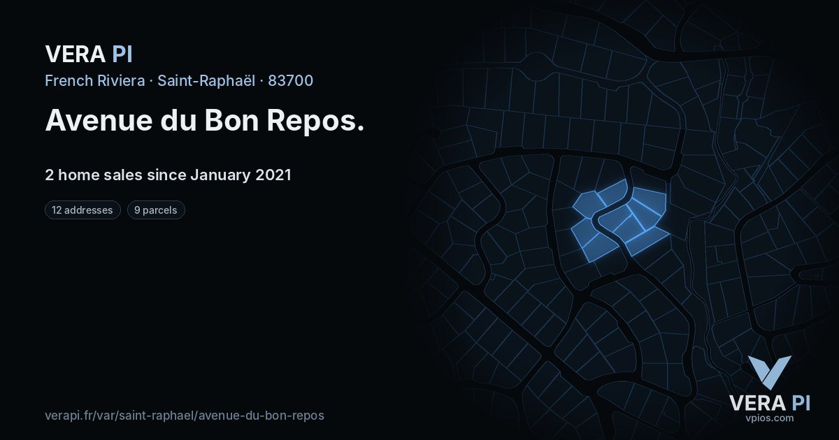 Avenue du Bon Repos, Saint-Raphaël at night – every parcel coloured by the prices around it, the street's own parcels lit