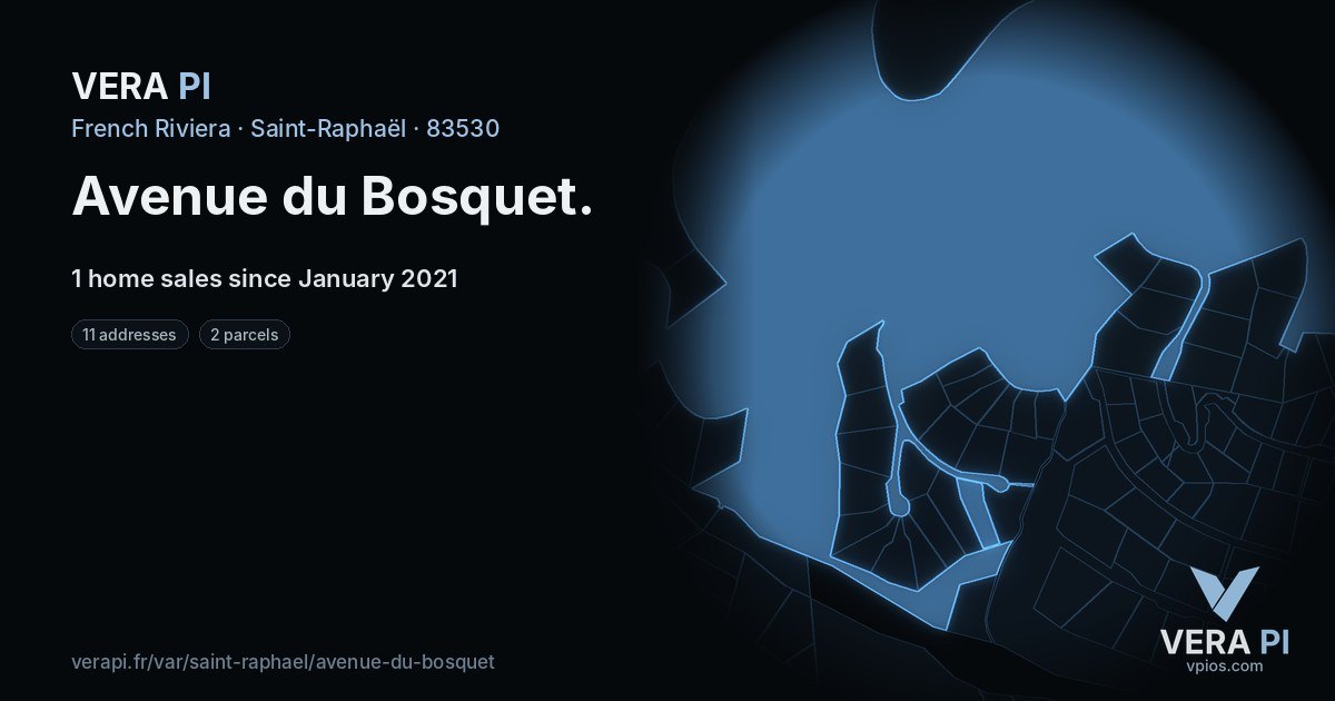 Avenue du Bosquet, Saint-Raphaël at night – every parcel coloured by the prices around it, the street's own parcels lit