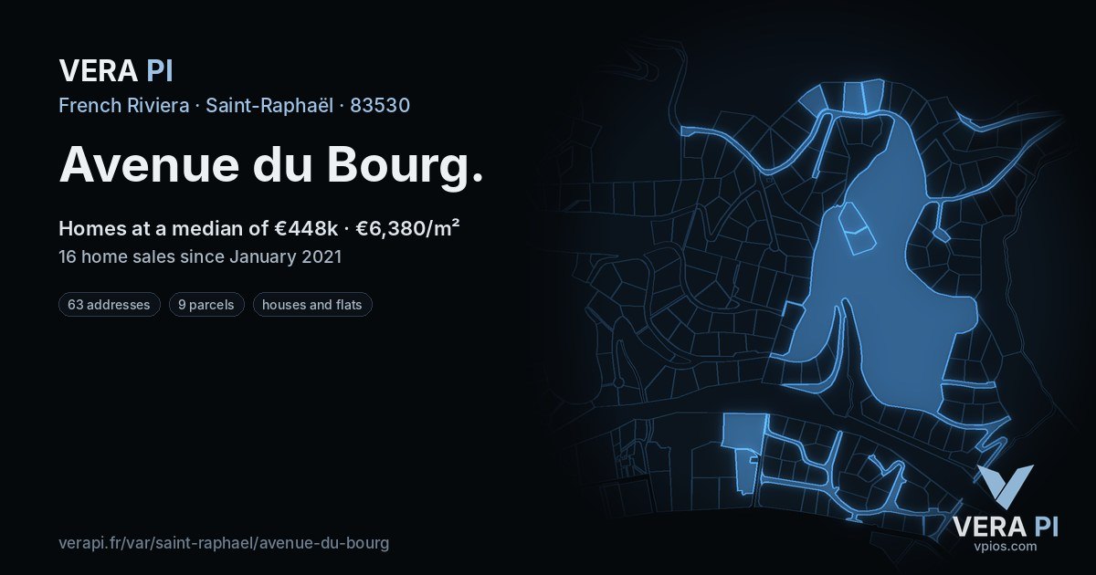 Avenue du Bourg, Saint-Raphaël at night – every parcel coloured by the prices around it, the street's own parcels lit