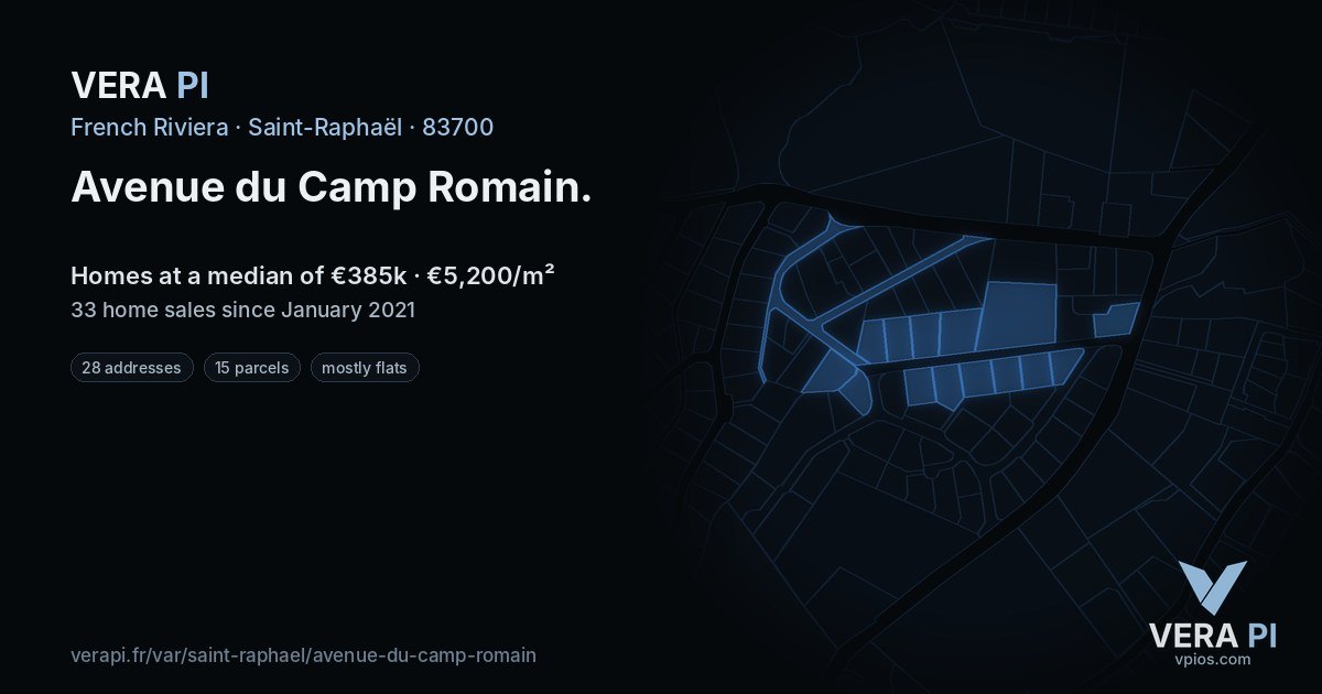 Avenue du Camp Romain, Saint-Raphaël at night – every parcel coloured by the prices around it, the street's own parcels lit