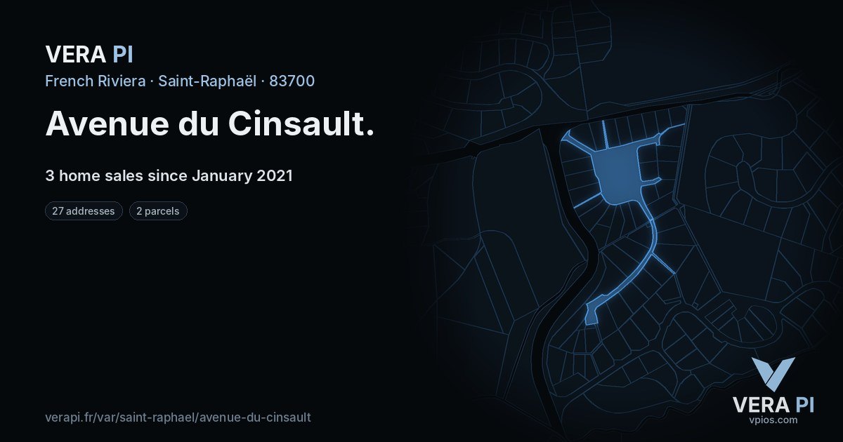 Avenue du Cinsault, Saint-Raphaël at night – every parcel coloured by the prices around it, the street's own parcels lit