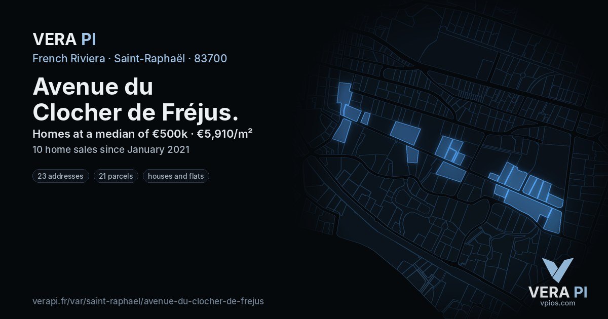 Avenue du Clocher de Fréjus, Saint-Raphaël at night – every parcel coloured by the prices around it, the street's own parcels lit