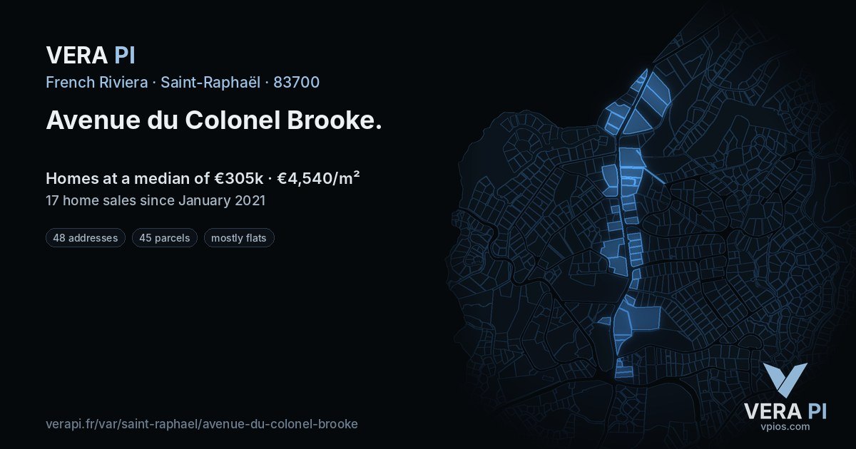 Avenue du Colonel Brooke, Saint-Raphaël at night – every parcel coloured by the prices around it, the street's own parcels lit