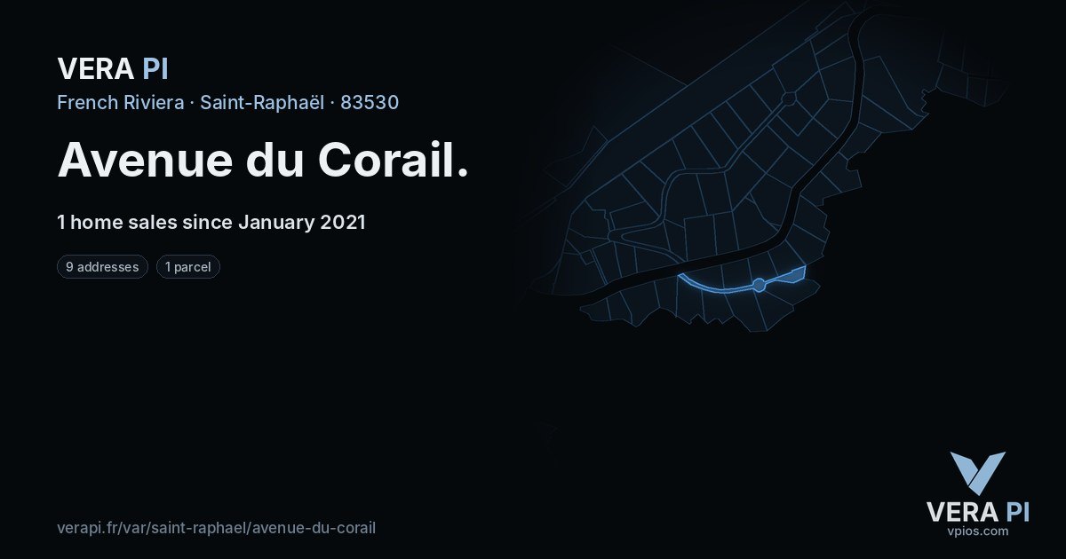 Avenue du Corail, Saint-Raphaël at night – every parcel coloured by the prices around it, the street's own parcels lit