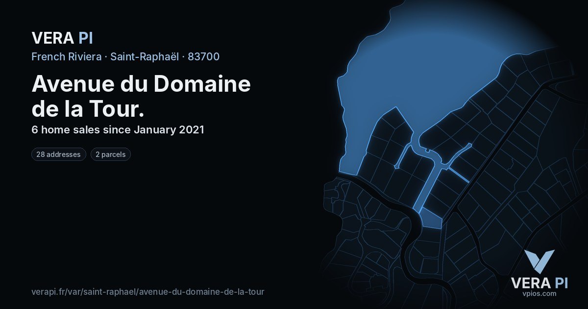Avenue du Domaine de la Tour, Saint-Raphaël at night – every parcel coloured by the prices around it, the street's own parcels lit