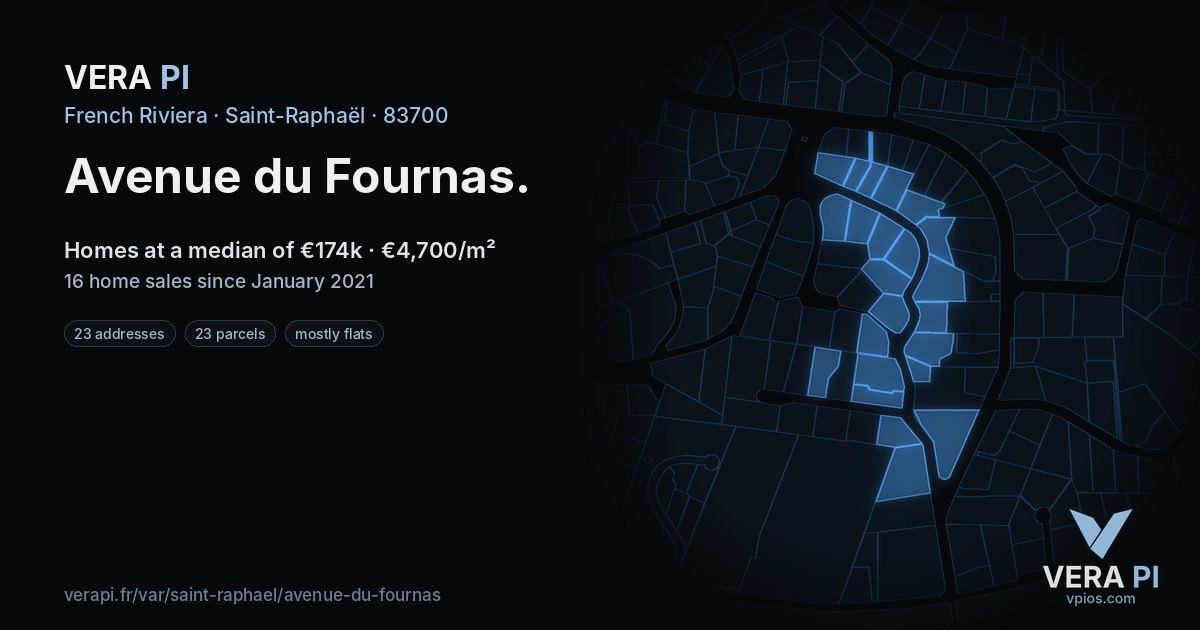 Avenue du Fournas, Saint-Raphaël at night – every parcel coloured by the prices around it, the street's own parcels lit