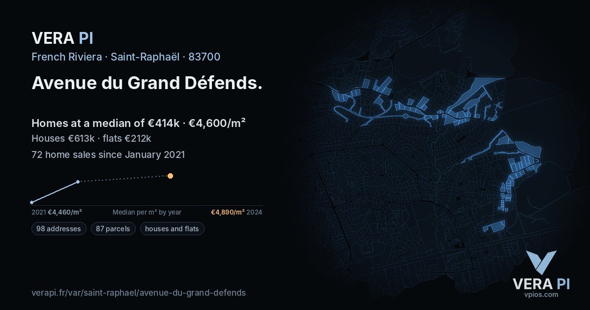 Avenue du Grand Défends, Saint-Raphaël at night – every parcel coloured by the prices around it, the street's own parcels lit