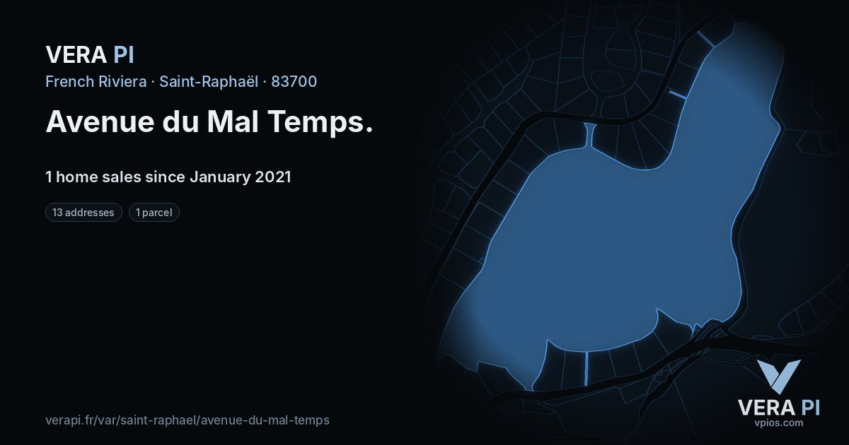 Avenue du Mal Temps, Saint-Raphaël at night – every parcel coloured by the prices around it, the street's own parcels lit