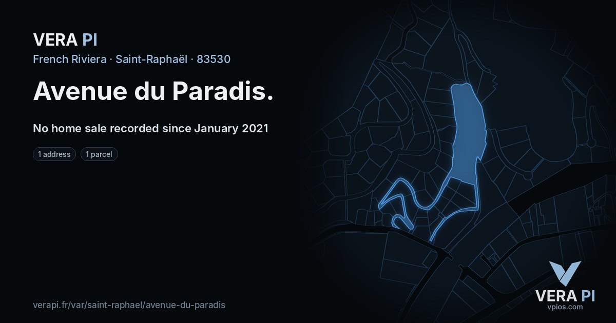 Avenue du Paradis, Saint-Raphaël at night – every parcel coloured by the prices around it, the street's own parcels lit