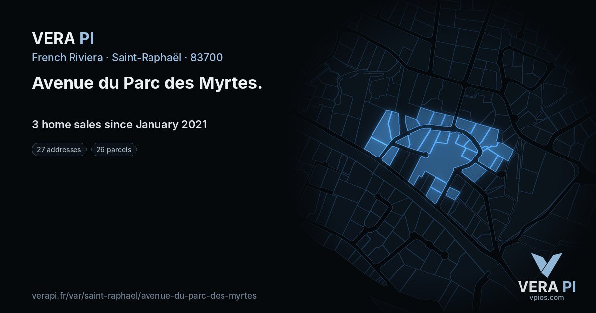 Avenue du Parc des Myrtes, Saint-Raphaël at night – every parcel coloured by the prices around it, the street's own parcels lit