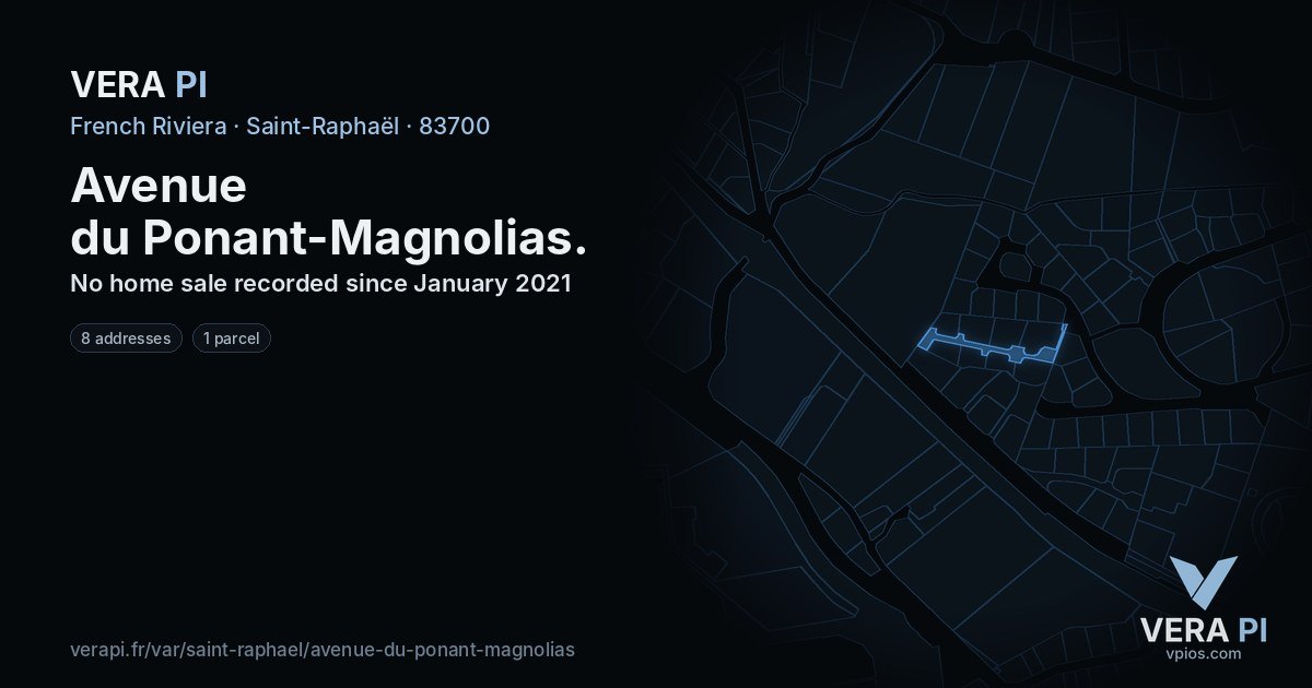 Avenue du Ponant-Magnolias, Saint-Raphaël at night – every parcel coloured by the prices around it, the street's own parcels lit