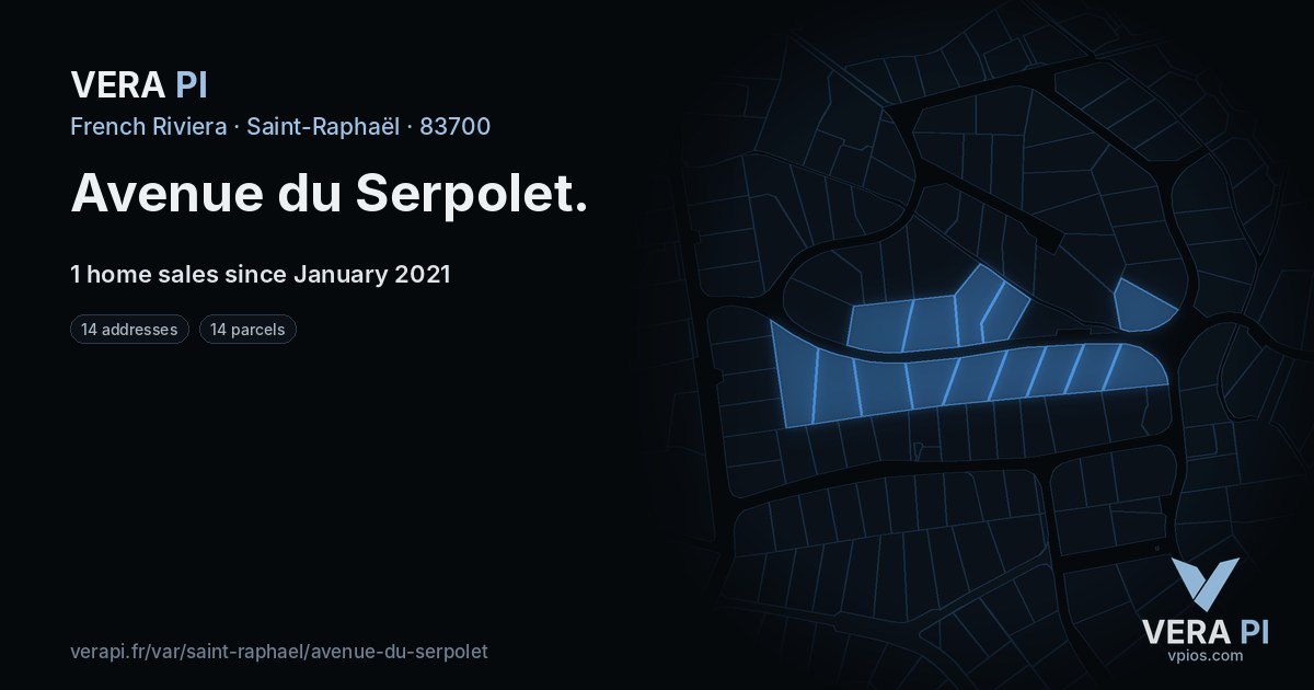 Avenue du Serpolet, Saint-Raphaël at night – every parcel coloured by the prices around it, the street's own parcels lit
