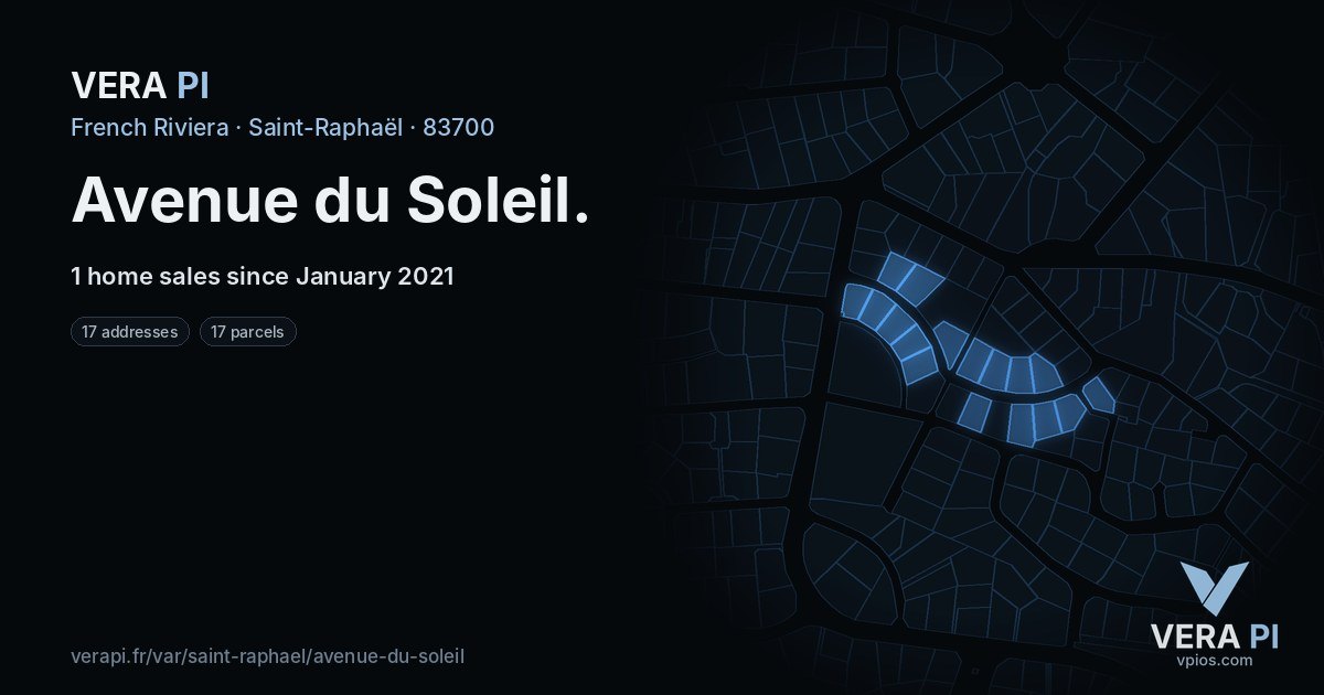 Avenue du Soleil, Saint-Raphaël at night – every parcel coloured by the prices around it, the street's own parcels lit