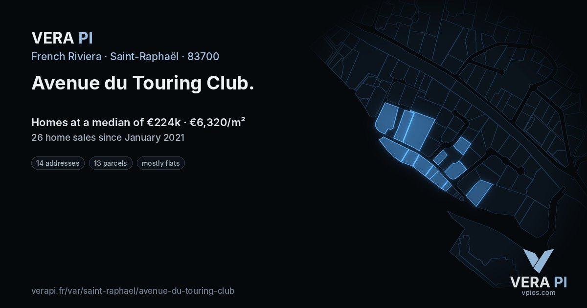 Avenue du Touring Club, Saint-Raphaël at night – every parcel coloured by the prices around it, the street's own parcels lit