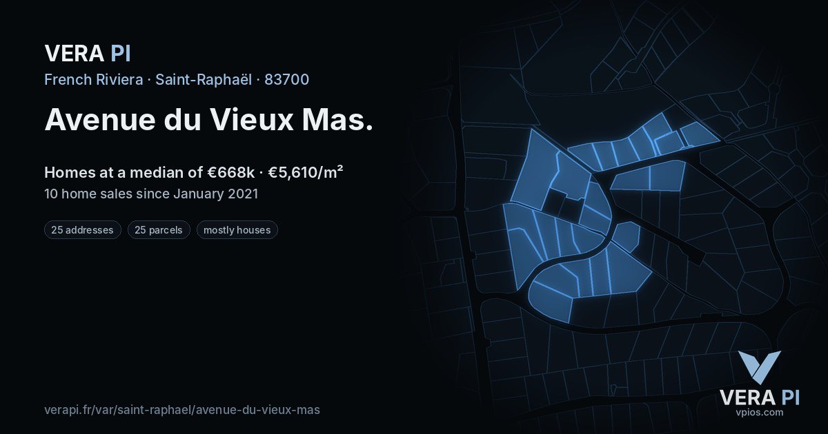 Avenue du Vieux Mas, Saint-Raphaël at night – every parcel coloured by the prices around it, the street's own parcels lit