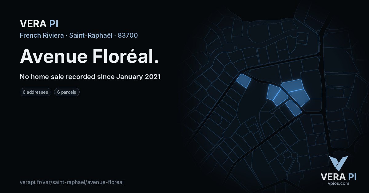 Avenue Floréal, Saint-Raphaël at night – every parcel coloured by the prices around it, the street's own parcels lit