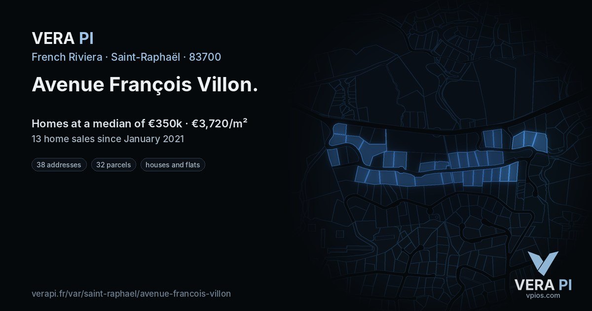 Avenue François Villon, Saint-Raphaël at night – every parcel coloured by the prices around it, the street's own parcels lit