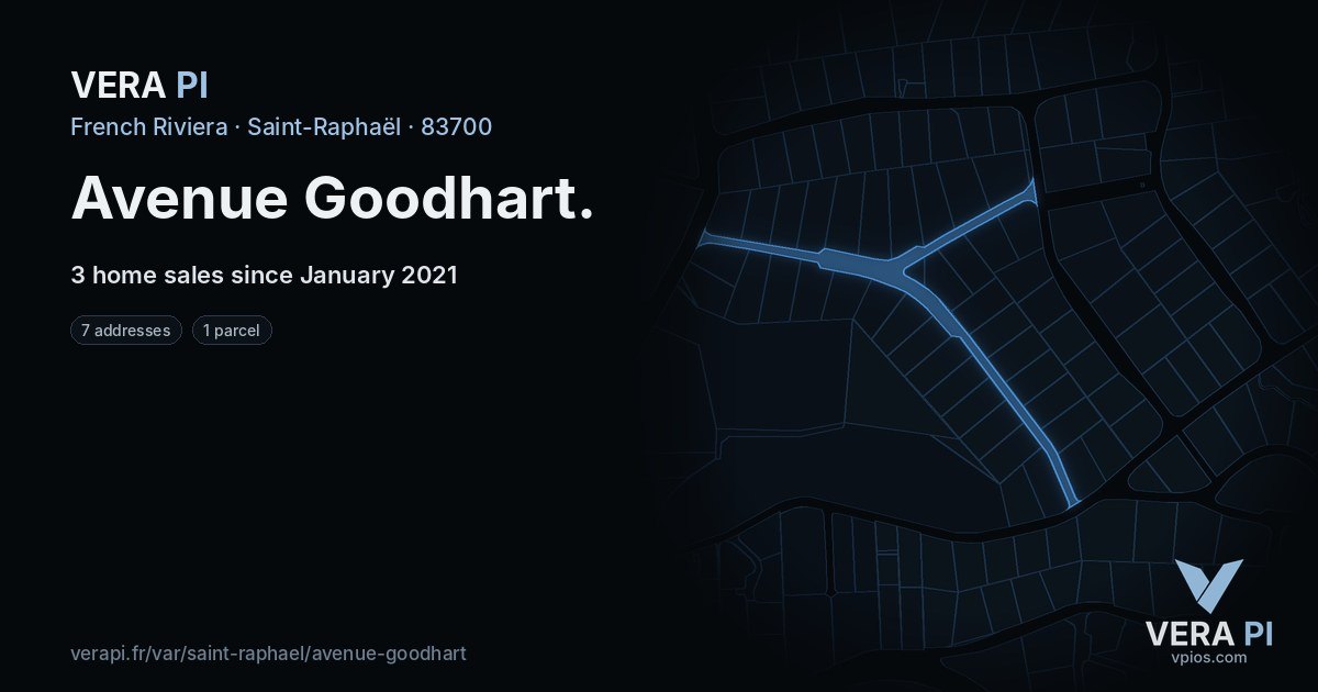 Avenue Goodhart, Saint-Raphaël at night – every parcel coloured by the prices around it, the street's own parcels lit