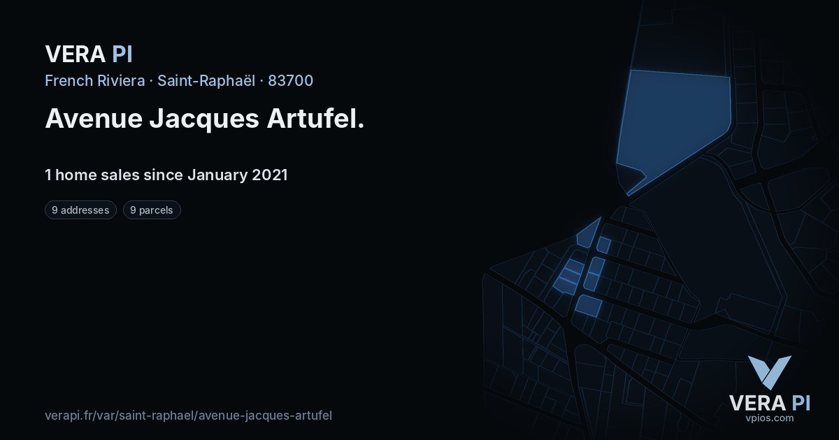 Avenue Jacques Artufel, Saint-Raphaël at night – every parcel coloured by the prices around it, the street's own parcels lit