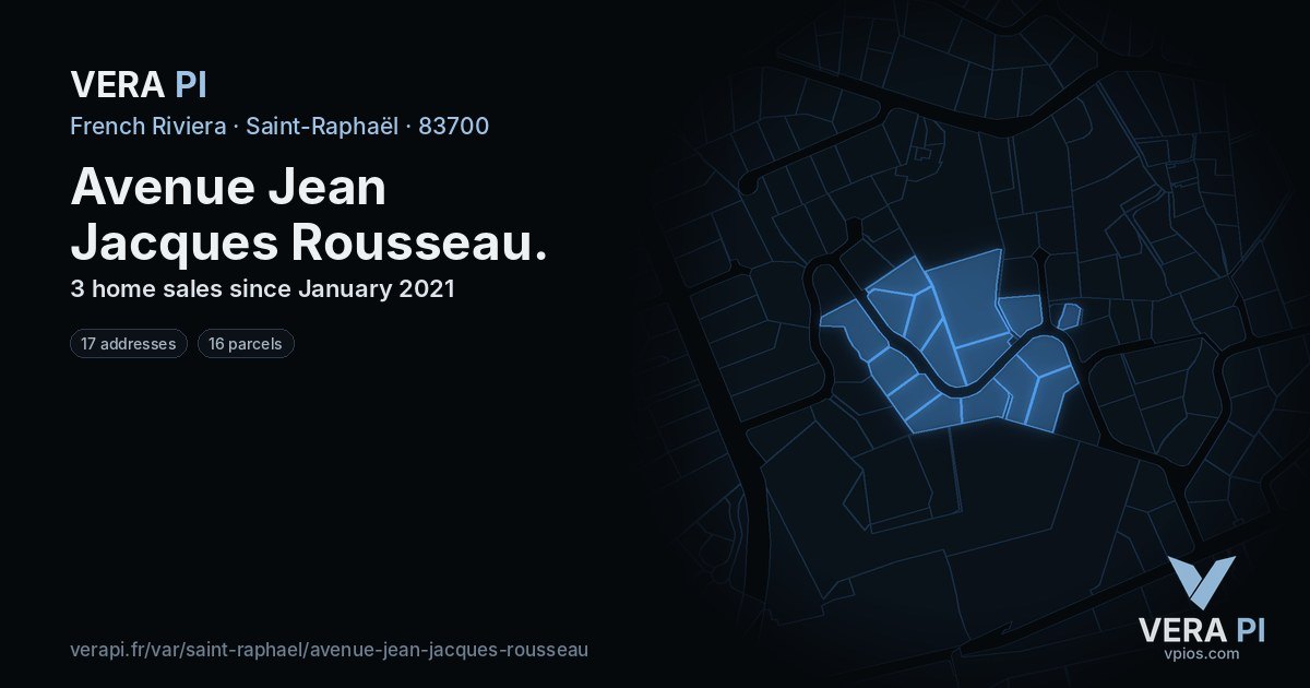 Avenue Jean Jacques Rousseau, Saint-Raphaël at night – every parcel coloured by the prices around it, the street's own parcels lit