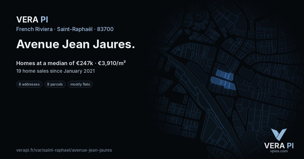 Avenue Jean Jaures, Saint-Raphaël at night – every parcel coloured by the prices around it, the street's own parcels lit