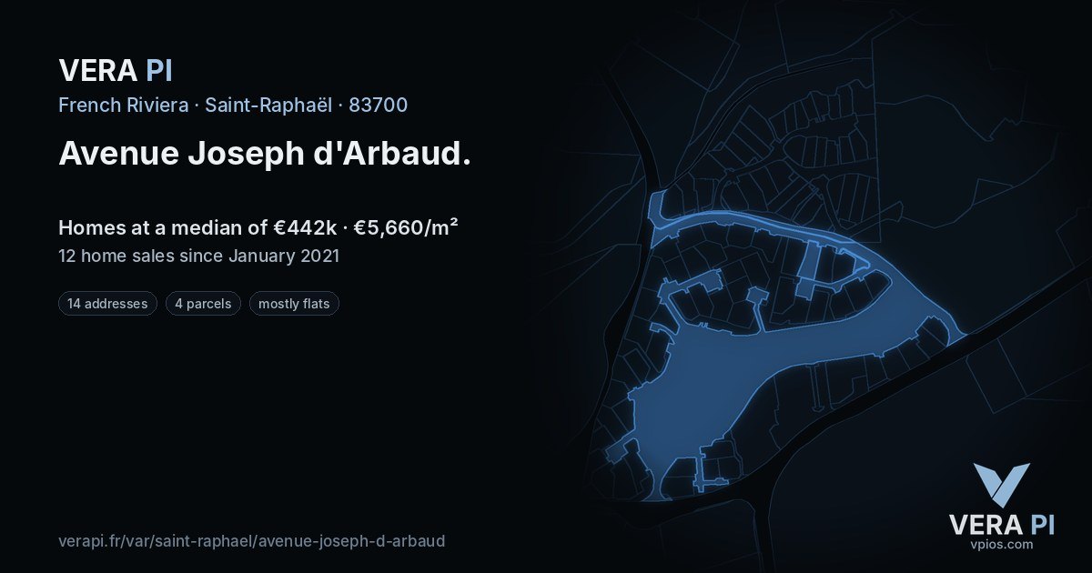 Avenue Joseph d'Arbaud, Saint-Raphaël at night – every parcel coloured by the prices around it, the street's own parcels lit