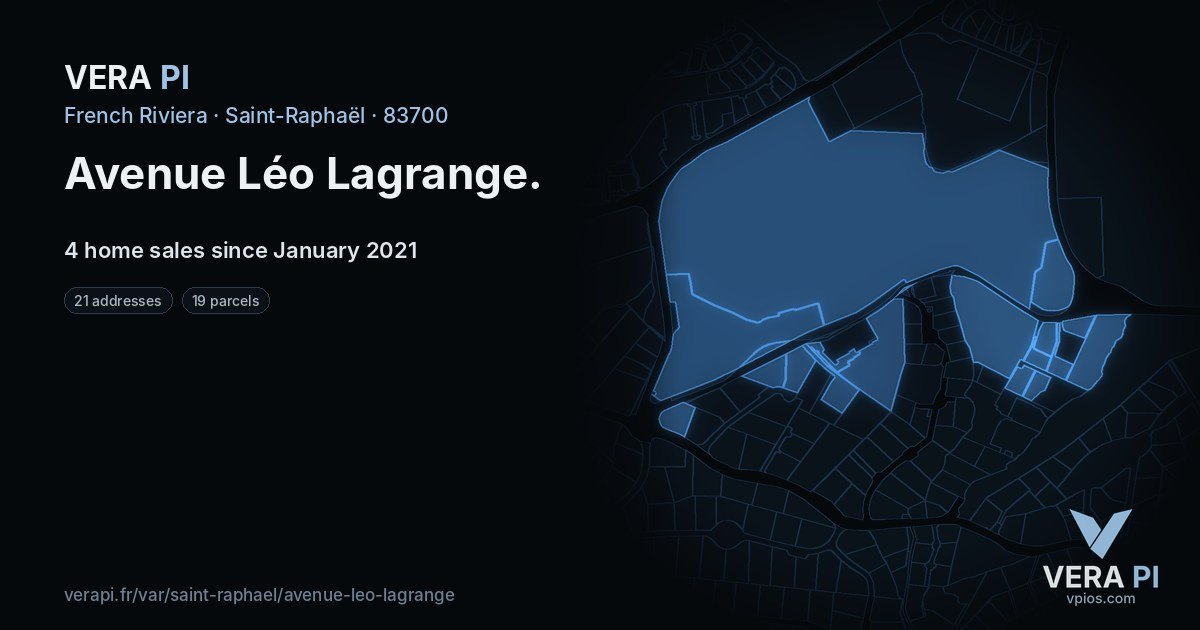 Avenue Léo Lagrange, Saint-Raphaël at night – every parcel coloured by the prices around it, the street's own parcels lit