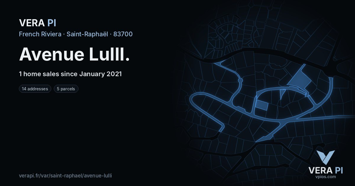 Avenue LullI, Saint-Raphaël at night – every parcel coloured by the prices around it, the street's own parcels lit