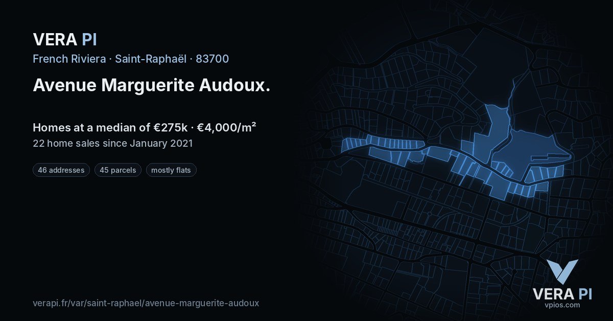 Avenue Marguerite Audoux, Saint-Raphaël at night – every parcel coloured by the prices around it, the street's own parcels lit