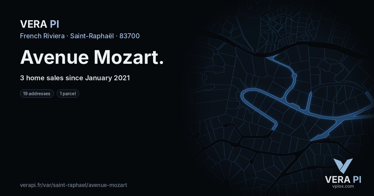 Avenue Mozart, Saint-Raphaël at night – every parcel coloured by the prices around it, the street's own parcels lit