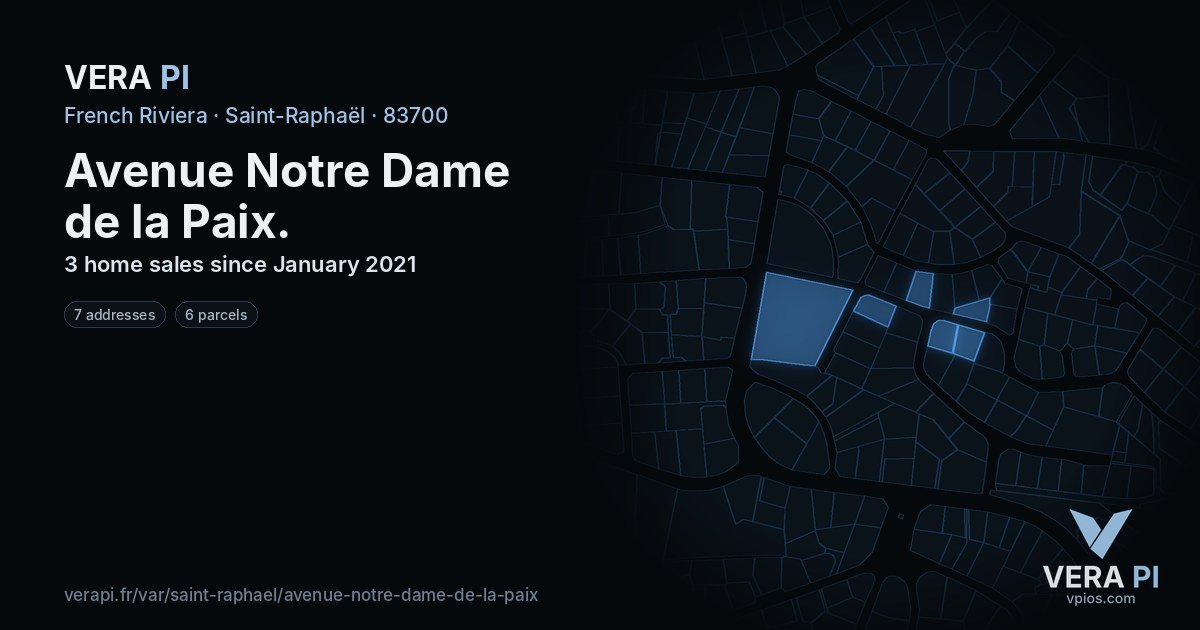 Avenue Notre Dame de la Paix, Saint-Raphaël at night – every parcel coloured by the prices around it, the street's own parcels lit