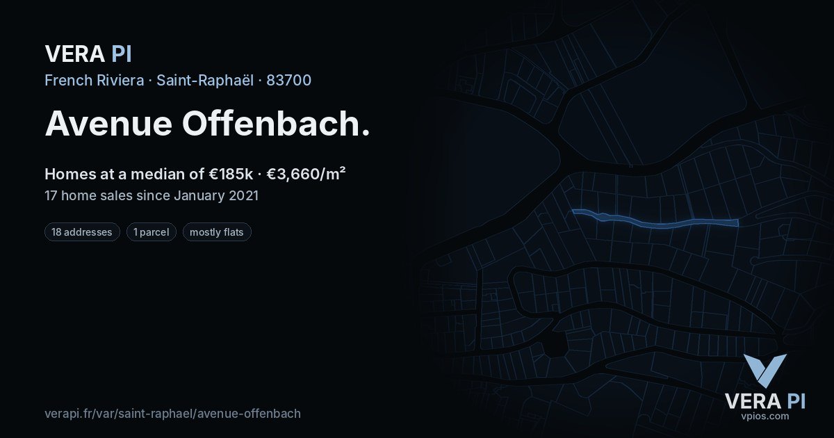 Avenue Offenbach, Saint-Raphaël at night – every parcel coloured by the prices around it, the street's own parcels lit