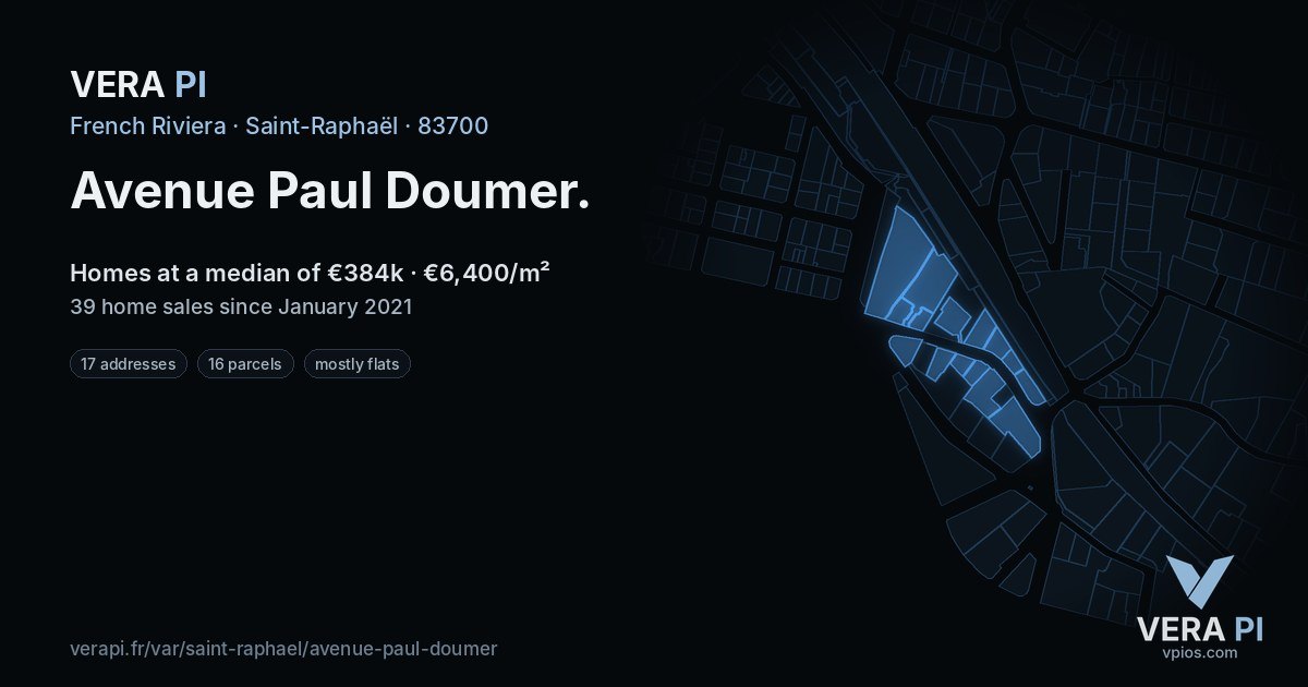 Avenue Paul Doumer, Saint-Raphaël at night – every parcel coloured by the prices around it, the street's own parcels lit