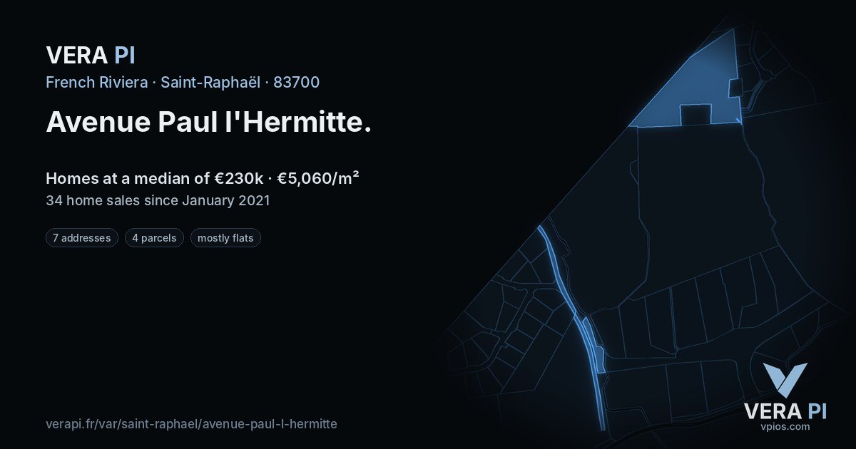Avenue Paul l'Hermitte, Saint-Raphaël at night – every parcel coloured by the prices around it, the street's own parcels lit