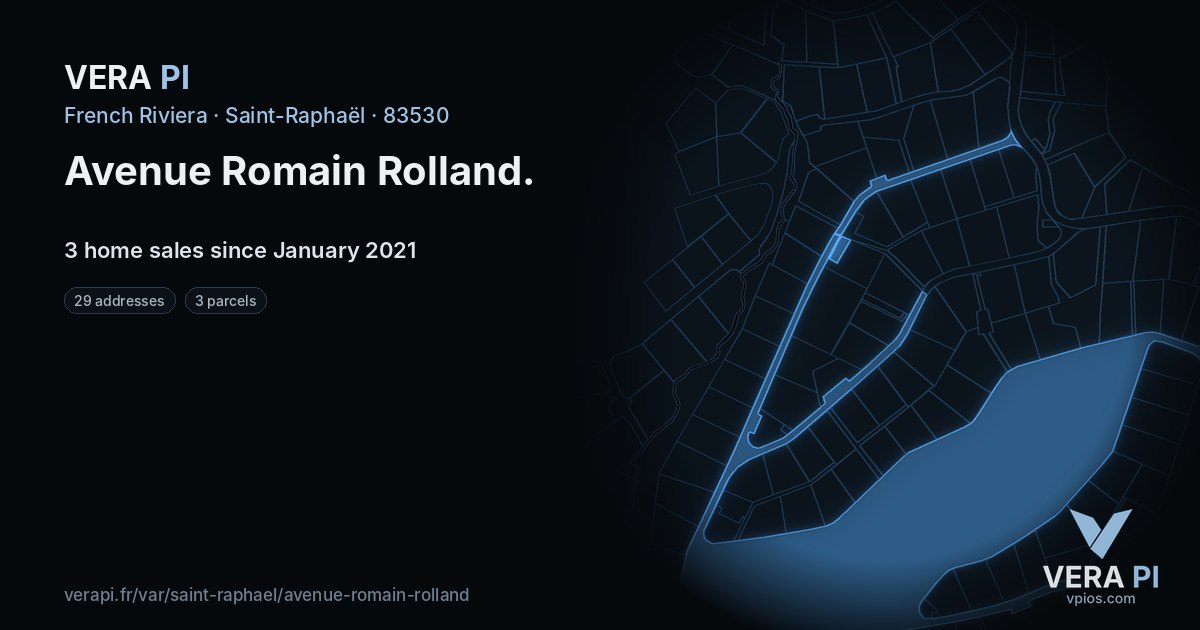Avenue Romain Rolland, Saint-Raphaël at night – every parcel coloured by the prices around it, the street's own parcels lit