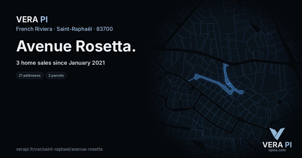 Avenue Rosetta, Saint-Raphaël at night – every parcel coloured by the prices around it, the street's own parcels lit