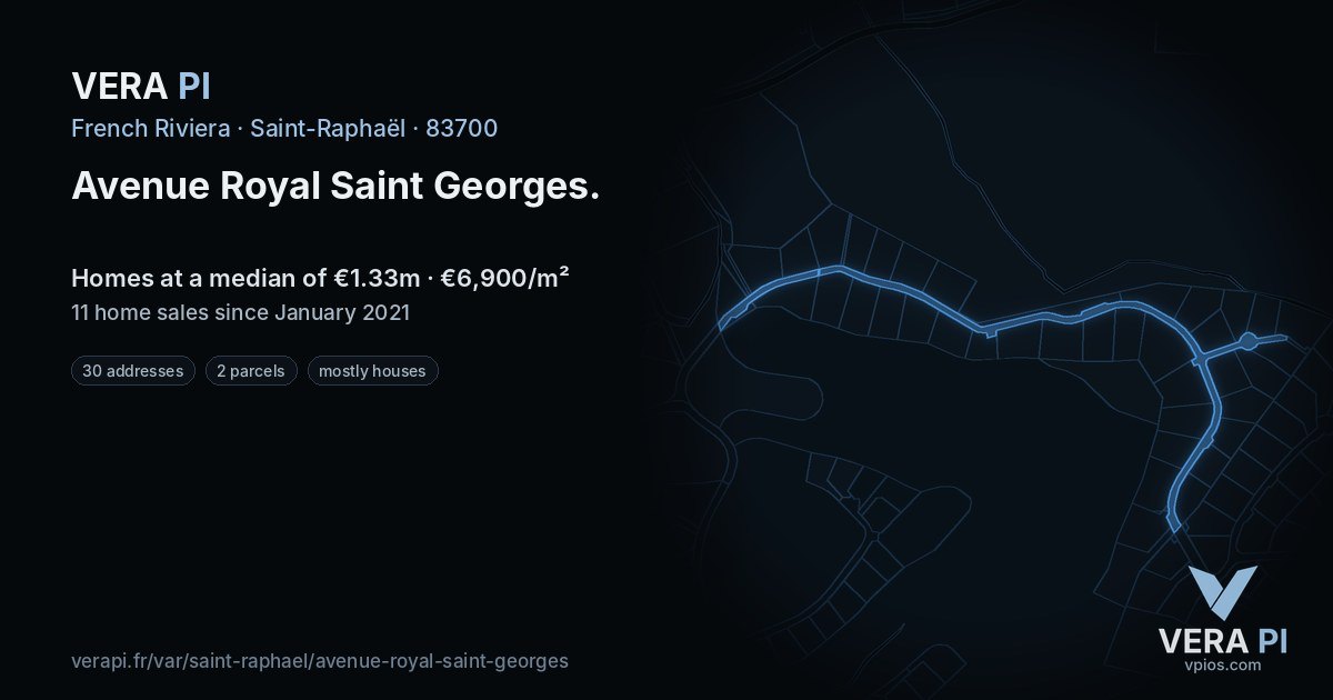 Avenue Royal Saint Georges, Saint-Raphaël at night – every parcel coloured by the prices around it, the street's own parcels lit