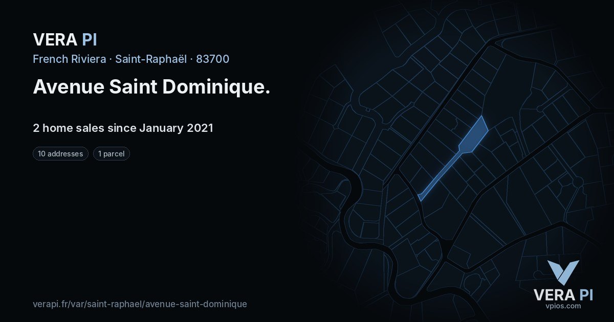 Avenue Saint Dominique, Saint-Raphaël at night – every parcel coloured by the prices around it, the street's own parcels lit