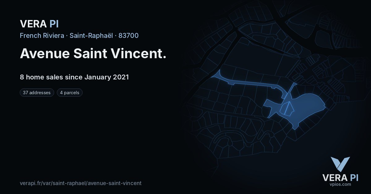 Avenue Saint Vincent, Saint-Raphaël at night – every parcel coloured by the prices around it, the street's own parcels lit