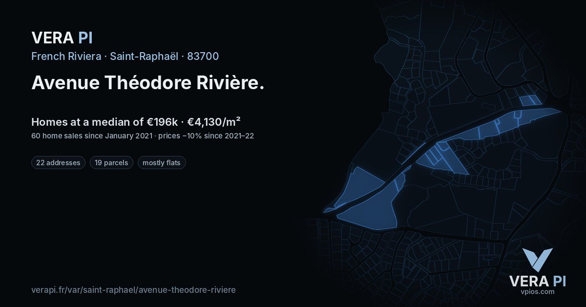 Avenue Théodore Rivière, Saint-Raphaël at night – every parcel coloured by the prices around it, the street's own parcels lit