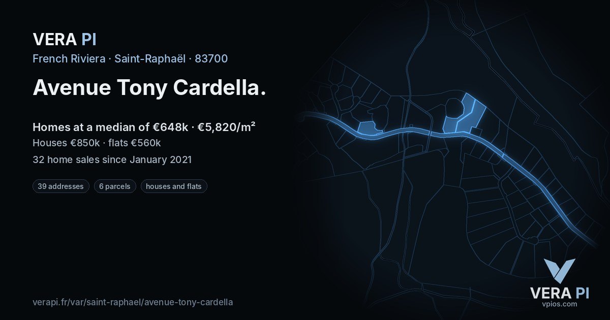Avenue Tony Cardella, Saint-Raphaël at night – every parcel coloured by the prices around it, the street's own parcels lit