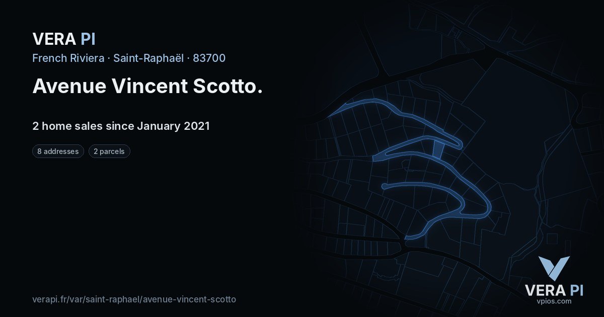 Avenue Vincent Scotto, Saint-Raphaël at night – every parcel coloured by the prices around it, the street's own parcels lit