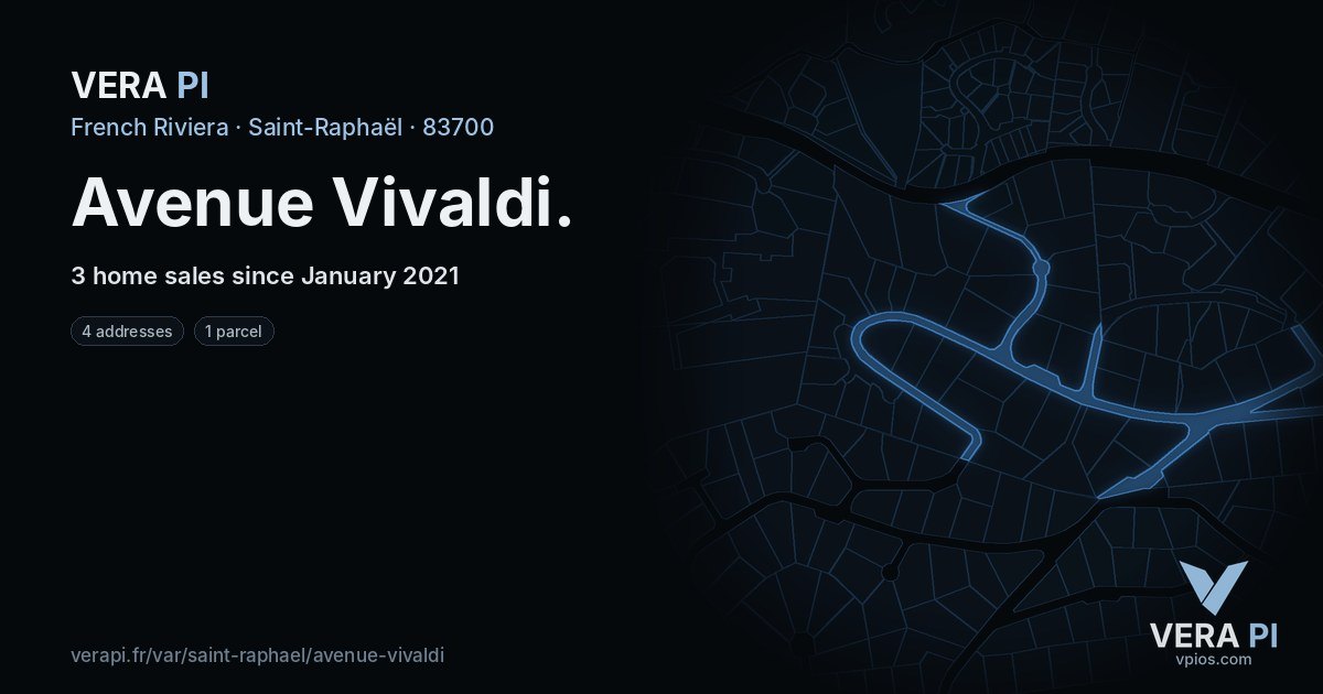 Avenue Vivaldi, Saint-Raphaël at night – every parcel coloured by the prices around it, the street's own parcels lit